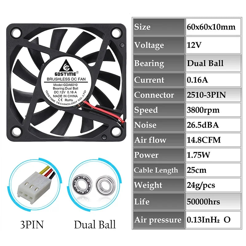 2 Pieces Gdstime 2Pin DC 5V 12V 24V 24 Volt 6cm 60x60x10mm 60mm Dual Ball Bearing Brushless Cooling Fan 60mm x 10mm  Cooler