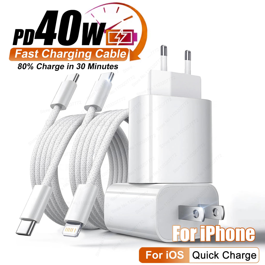 PD 40W Fast Charger For iPhone 17 16 15 14 11 12 13 Pro Max 8 Plus iPad Fast Charging USB C Cable Type C Data Line Phone Charger