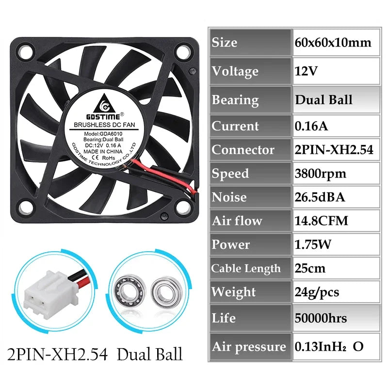 2 Pieces Gdstime 2Pin DC 5V 12V 24V 24 Volt 6cm 60x60x10mm 60mm Dual Ball Bearing Brushless Cooling Fan 60mm x 10mm  Cooler