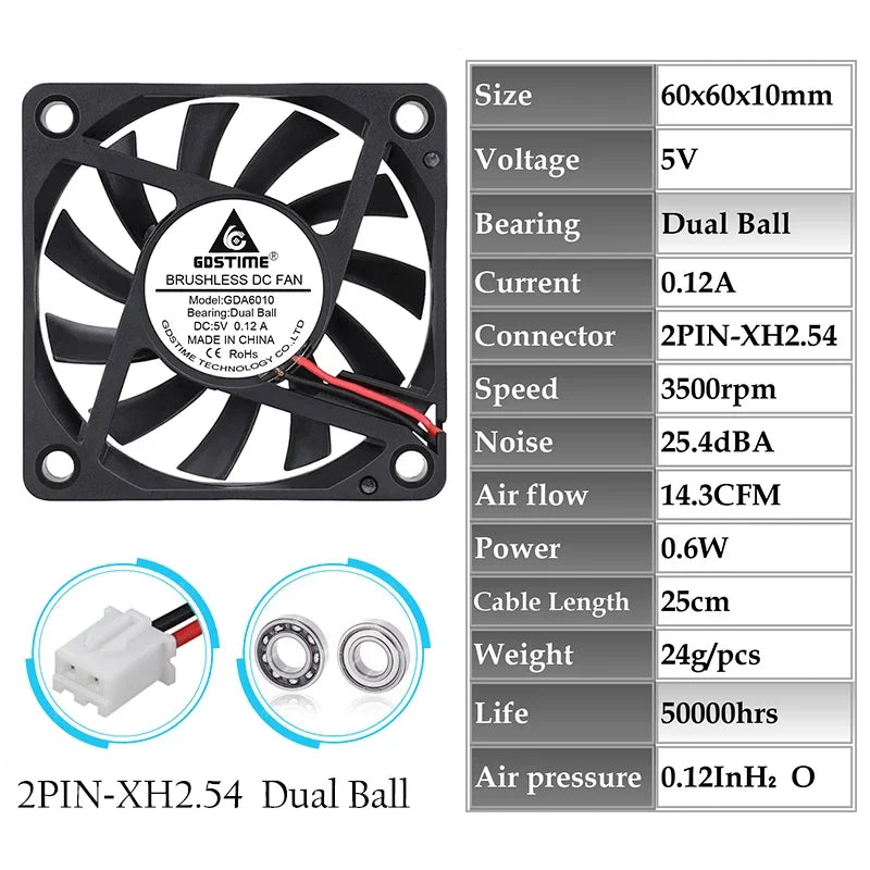 2 Pieces Gdstime 2Pin DC 5V 12V 24V 24 Volt 6cm 60x60x10mm 60mm Dual Ball Bearing Brushless Cooling Fan 60mm x 10mm  Cooler