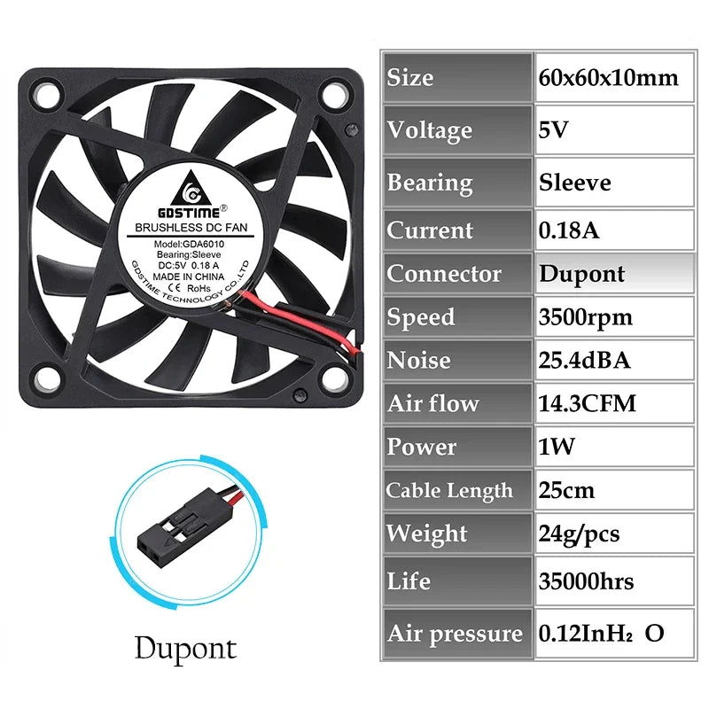 2 Pieces Gdstime 2Pin DC 5V 12V 24V 24 Volt 6cm 60x60x10mm 60mm Dual Ball Bearing Brushless Cooling Fan 60mm x 10mm  Cooler