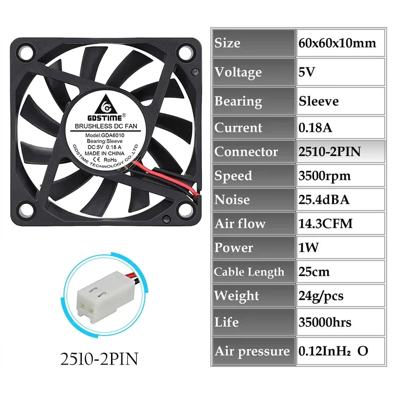 2 Pieces Gdstime 2Pin DC 5V 12V 24V 24 Volt 6cm 60x60x10mm 60mm Dual Ball Bearing Brushless Cooling Fan 60mm x 10mm  Cooler