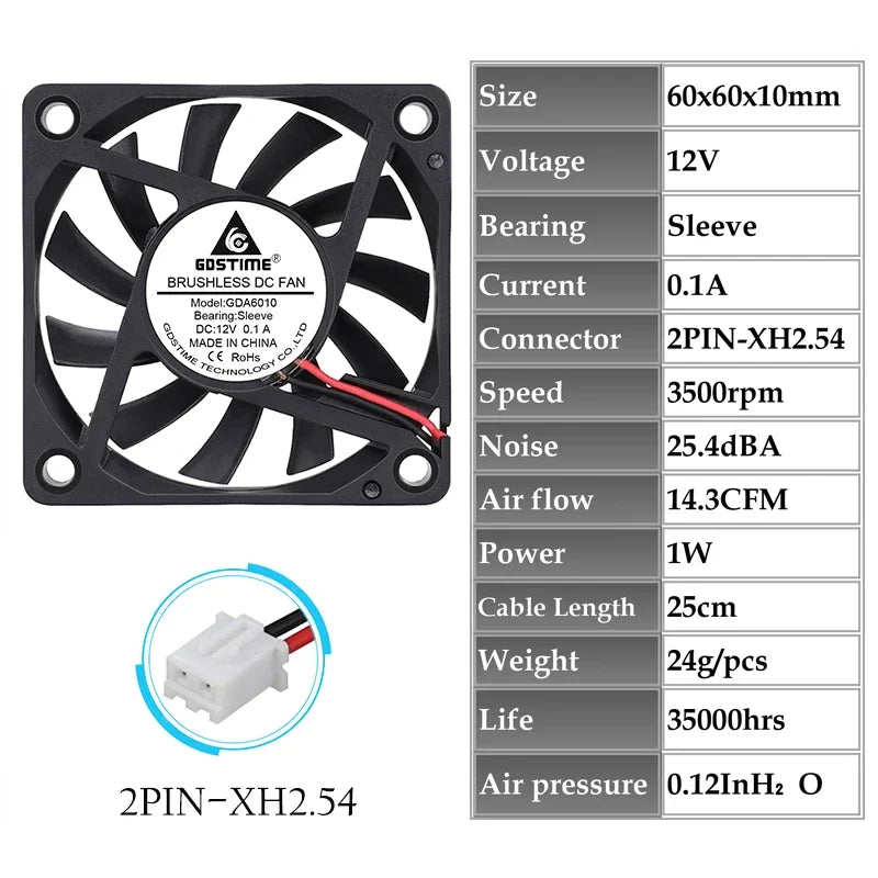 2 Pieces Gdstime 2Pin DC 5V 12V 24V 24 Volt 6cm 60x60x10mm 60mm Dual Ball Bearing Brushless Cooling Fan 60mm x 10mm  Cooler