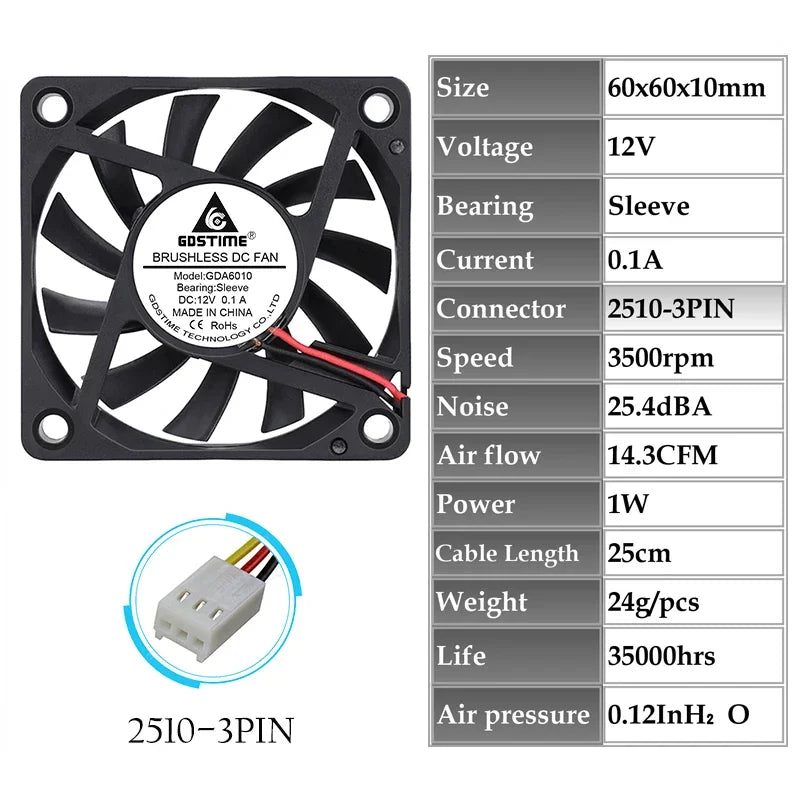 2 Pieces Gdstime 2Pin DC 5V 12V 24V 24 Volt 6cm 60x60x10mm 60mm Dual Ball Bearing Brushless Cooling Fan 60mm x 10mm  Cooler
