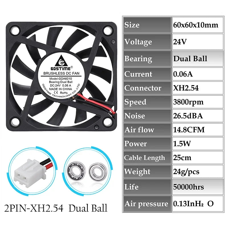 2 Pieces Gdstime 2Pin DC 5V 12V 24V 24 Volt 6cm 60x60x10mm 60mm Dual Ball Bearing Brushless Cooling Fan 60mm x 10mm  Cooler